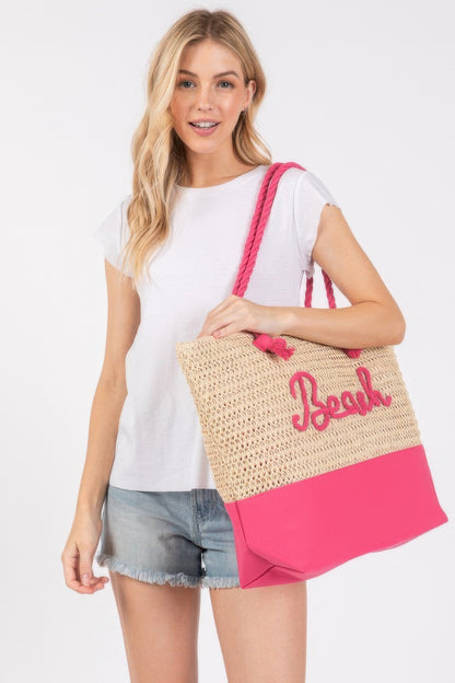 Color Sewn Rope Beach Letter And Strap Crochet Fabric Tote - All Season Fashion