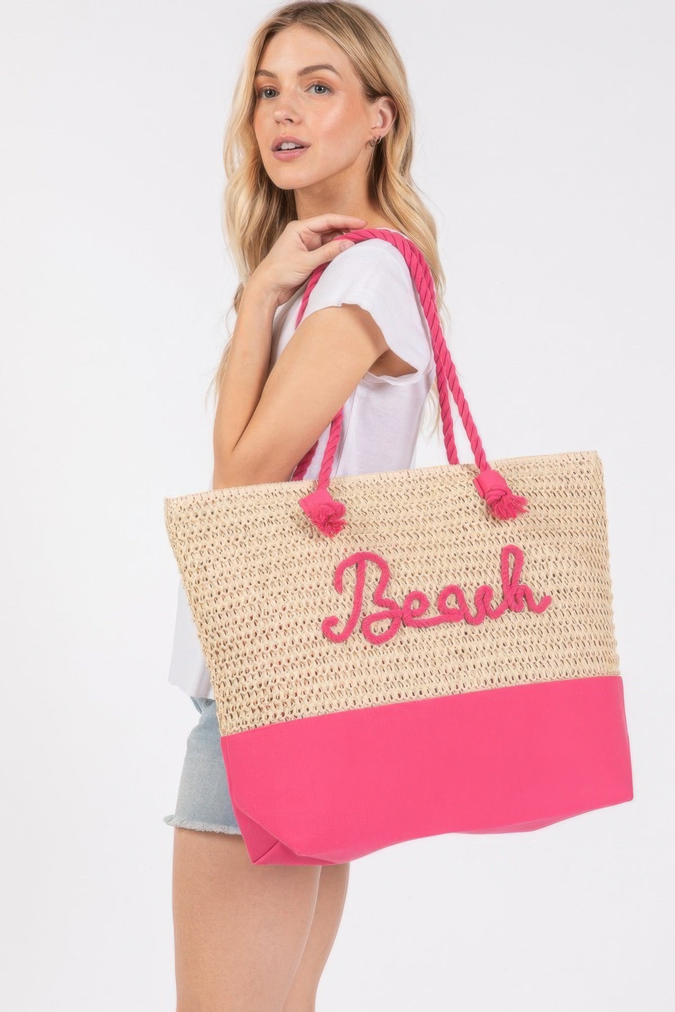 Color Sewn Rope Beach Letter And Strap Crochet Fabric Tote - All Season Fashion