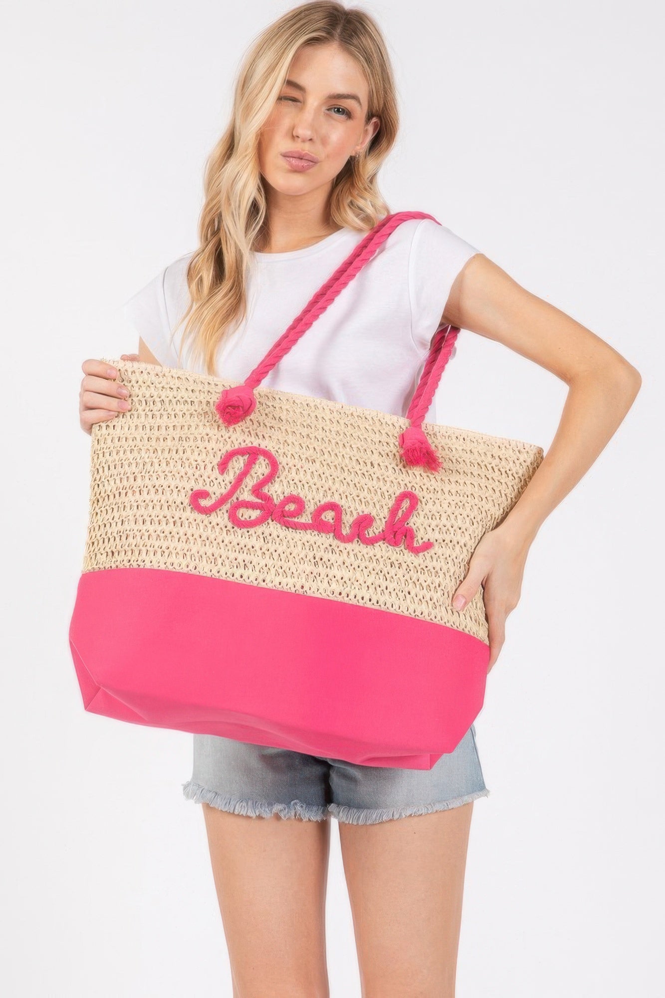 Color Sewn Rope Beach Letter And Strap Crochet Fabric Tote - All Season Fashion