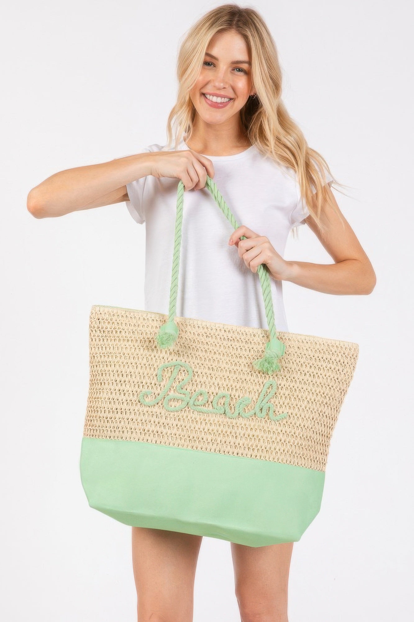 Color Sewn Rope Beach Letter And Strap Crochet Fabric Tote - All Season Fashion