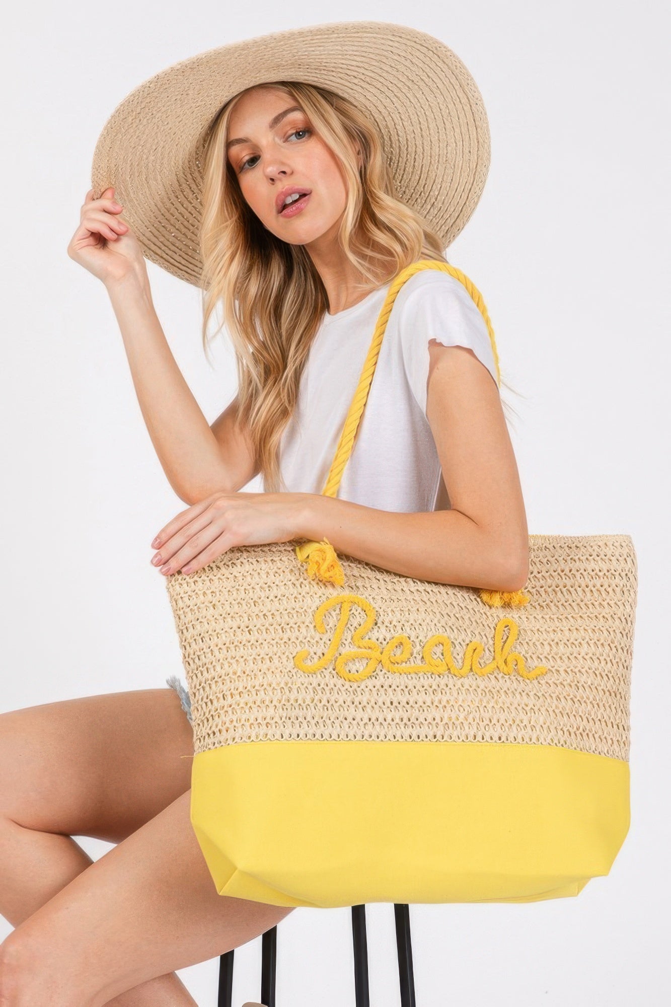 Color Sewn Rope Beach Letter And Strap Crochet Fabric Tote - All Season Fashion