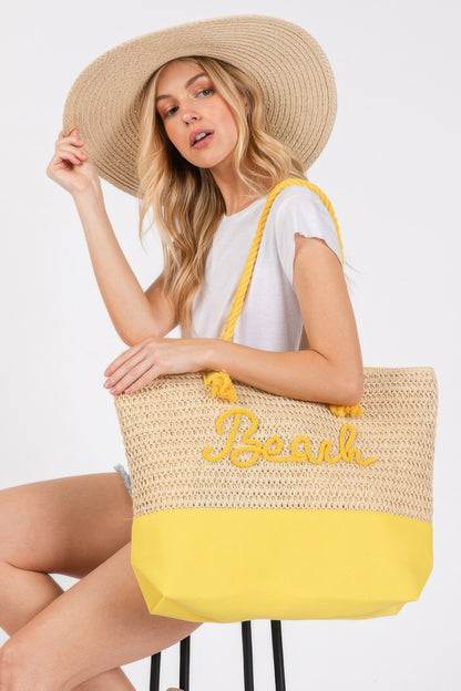 Color Sewn Rope Beach Letter And Strap Crochet Fabric Tote - All Season Fashion
