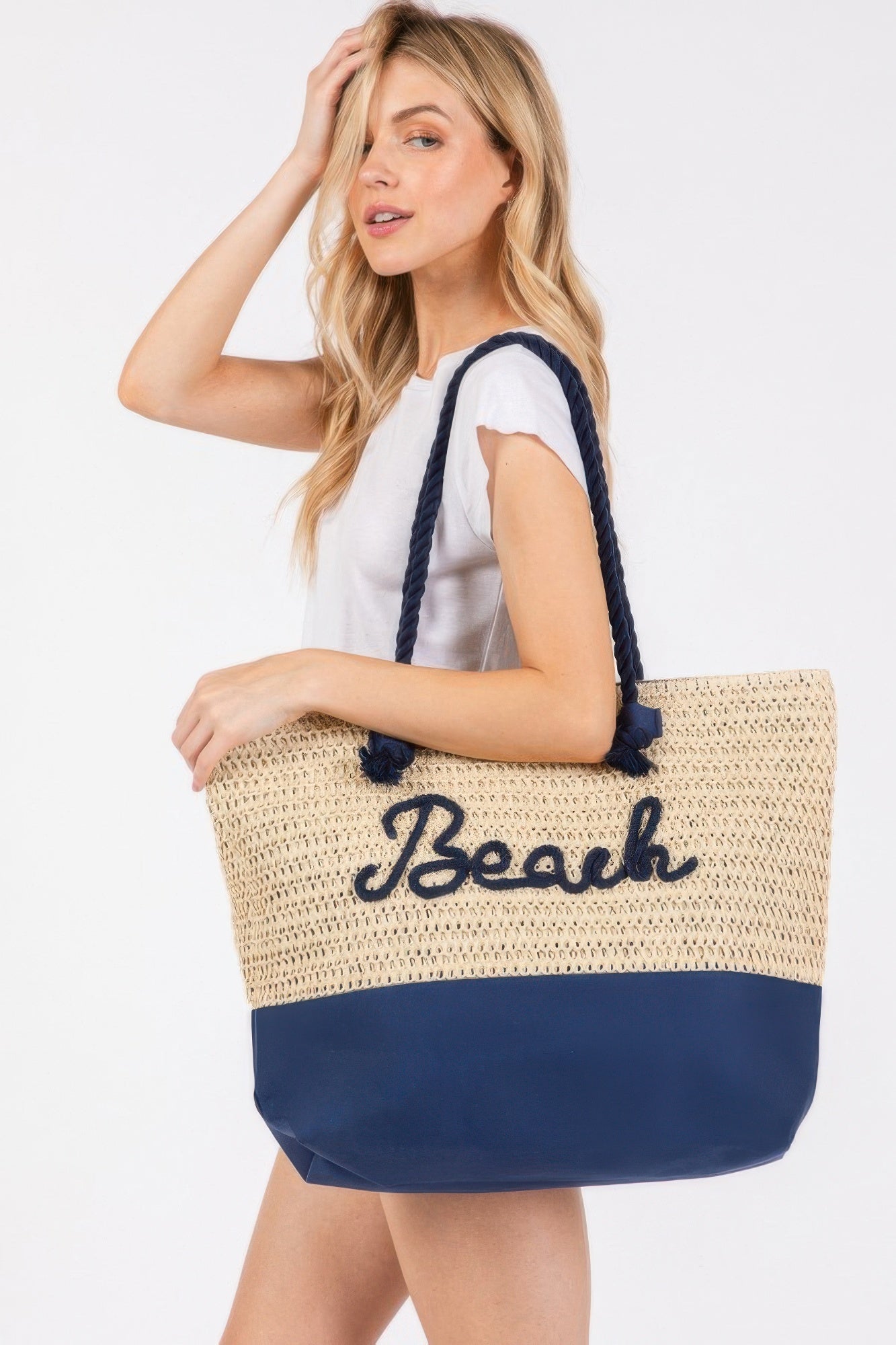 Color Sewn Rope Beach Letter And Strap Crochet Fabric Tote - All Season Fashion