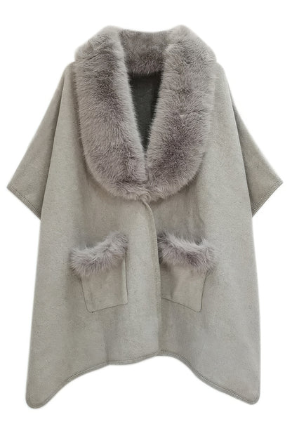 Faux Fur Collar Kimono - All Season Fashion