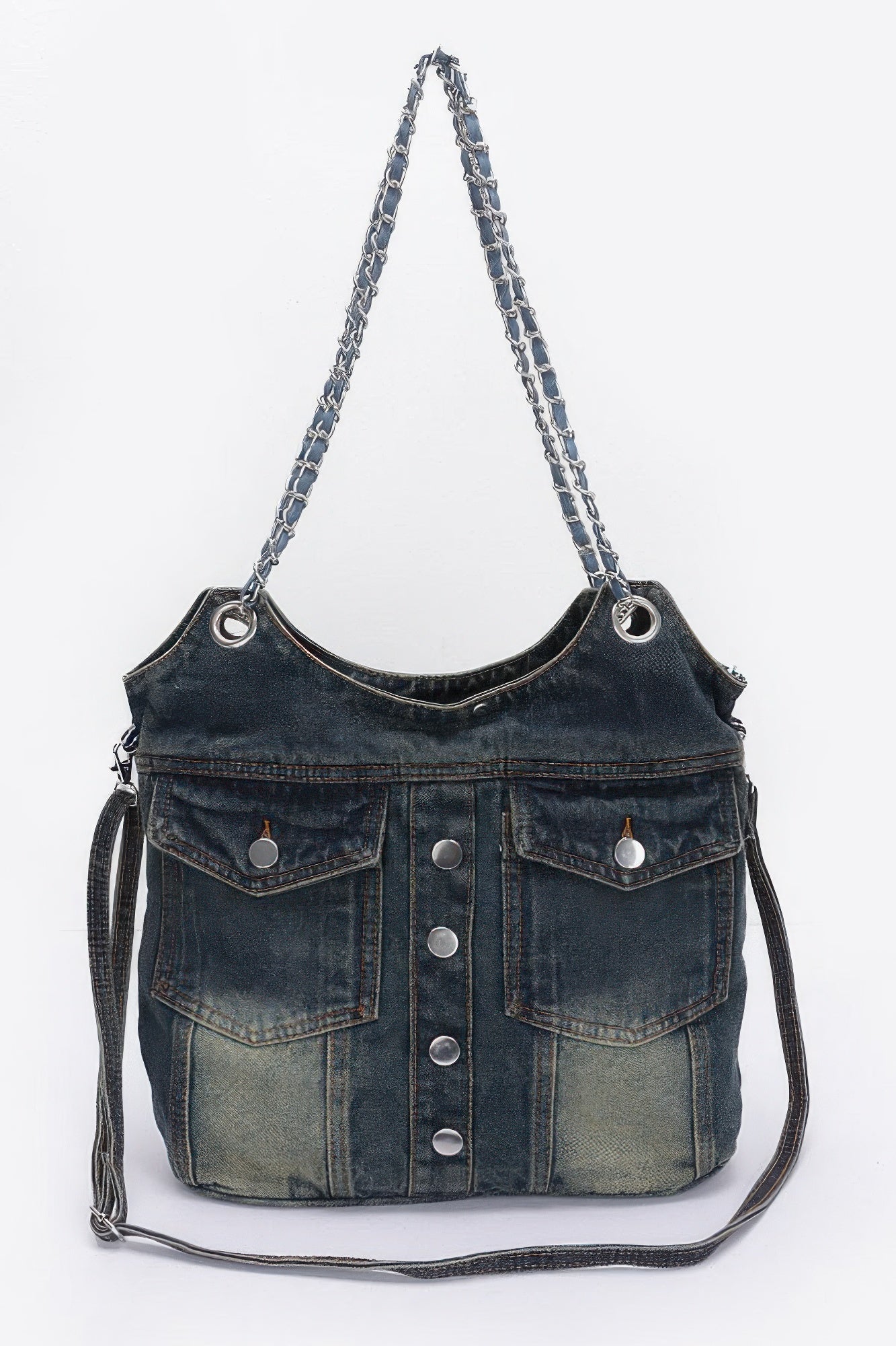 Washed Denim Double Pockets Tote Bag - All Season Fashion