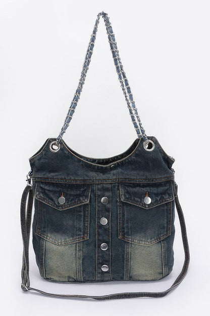Washed Denim Double Pockets Tote Bag - All Season Fashion