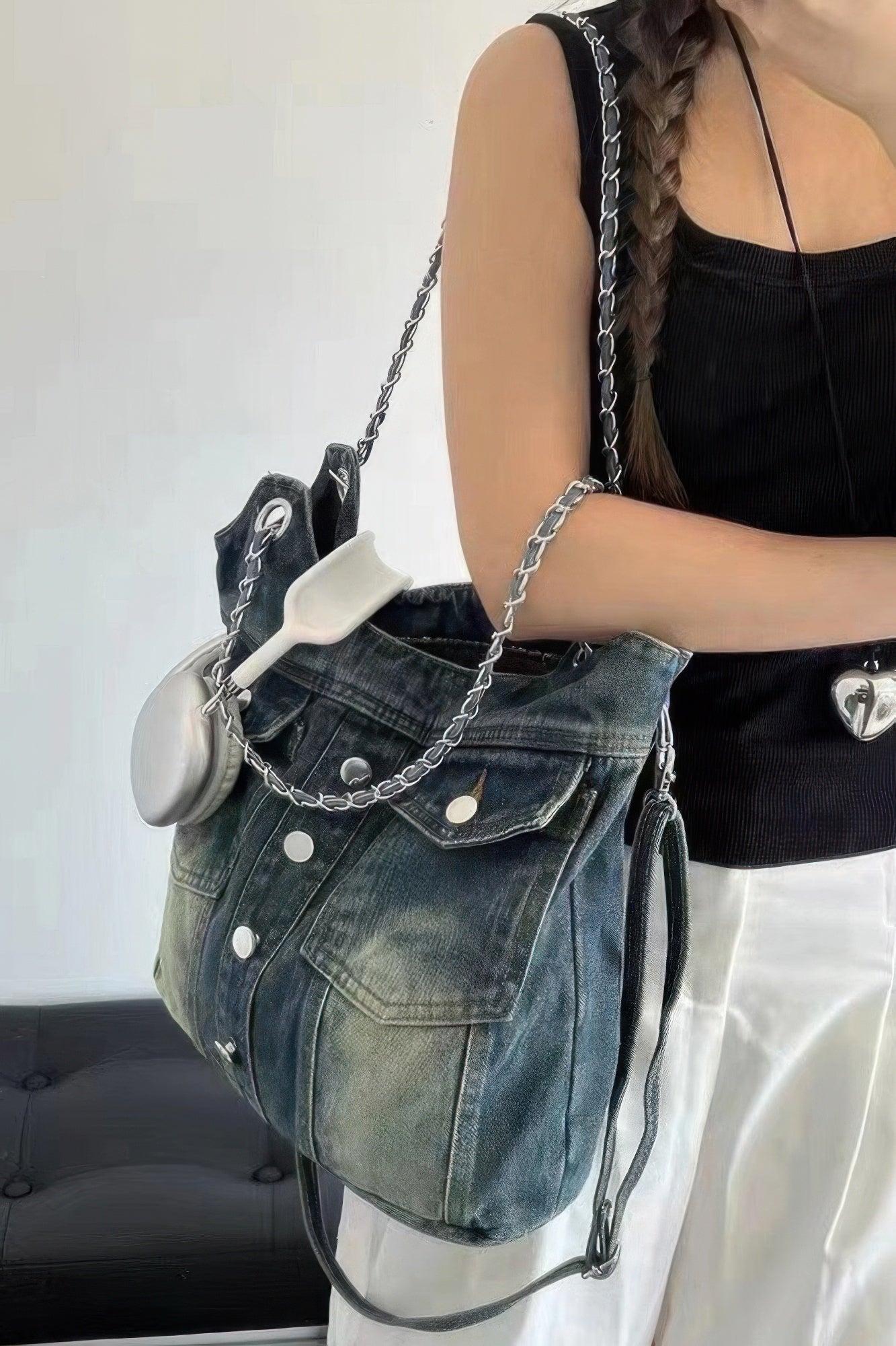 Washed Denim Double Pockets Tote Bag - All Season Fashion