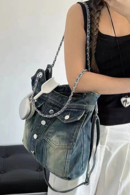 Washed Denim Double Pockets Tote Bag - All Season Fashion