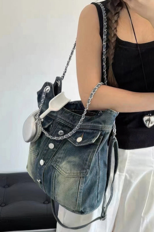 Washed Denim Double Pockets Tote Bag - All Season Fashion
