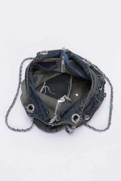 Washed Denim Double Pockets Tote Bag - All Season Fashion