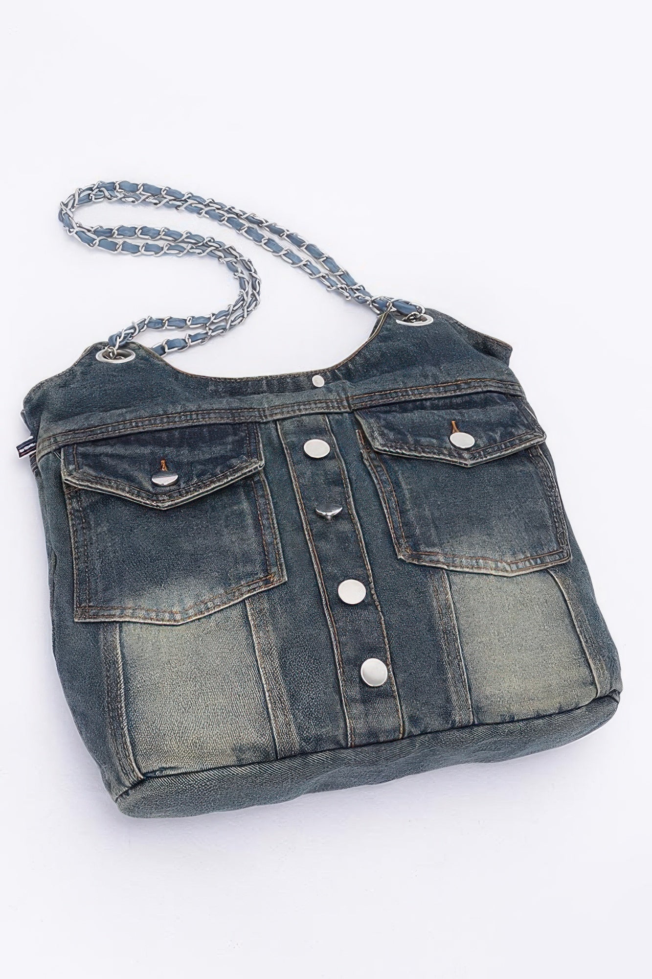 Washed Denim Double Pockets Tote Bag - All Season Fashion