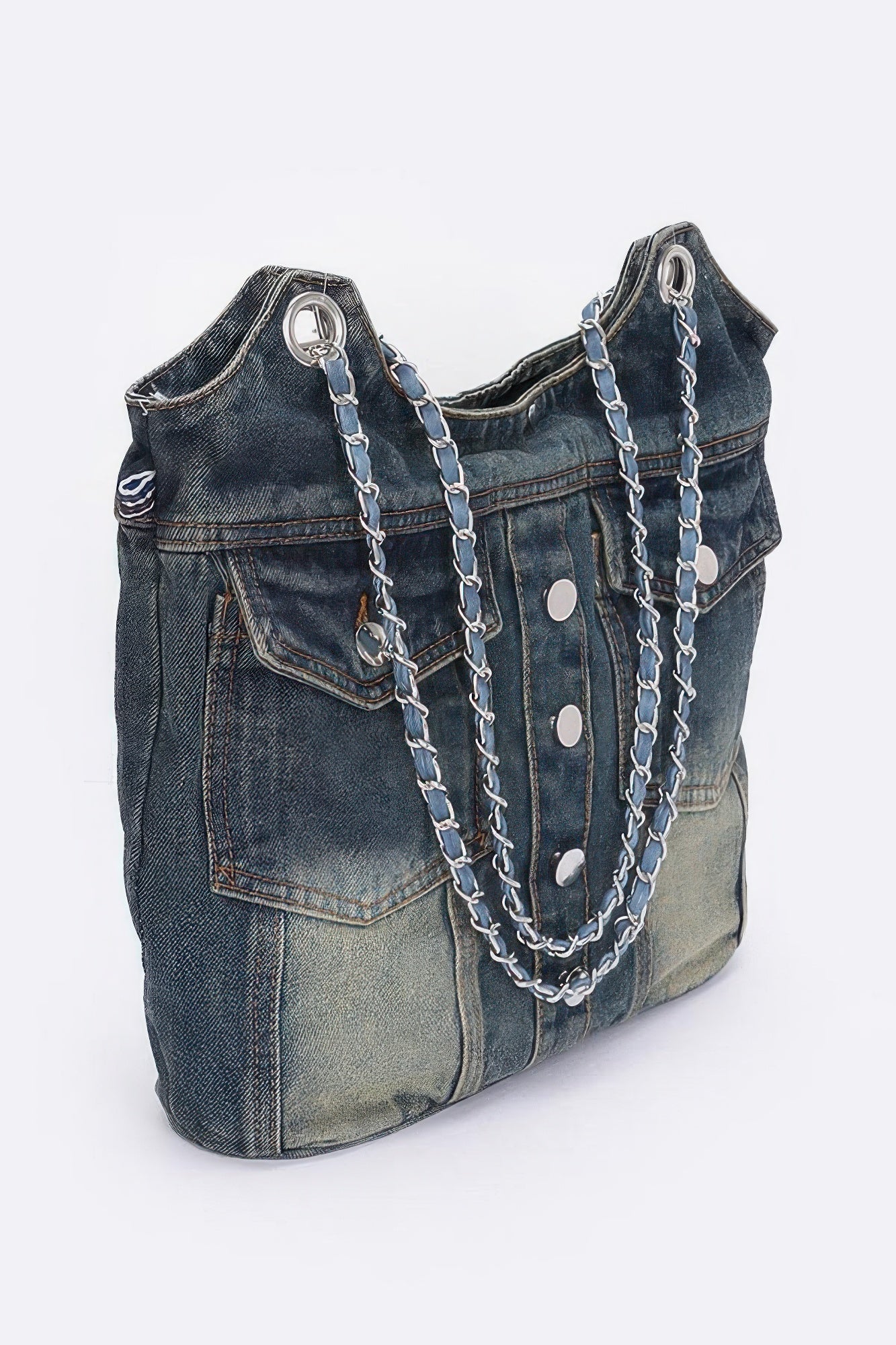 Washed Denim Double Pockets Tote Bag - All Season Fashion