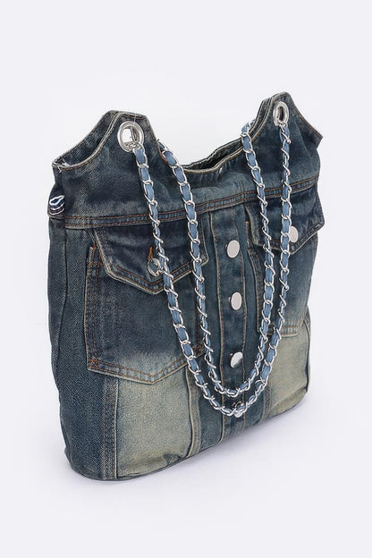Washed Denim Double Pockets Tote Bag - All Season Fashion