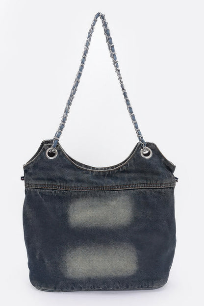Washed Denim Double Pockets Tote Bag - All Season Fashion