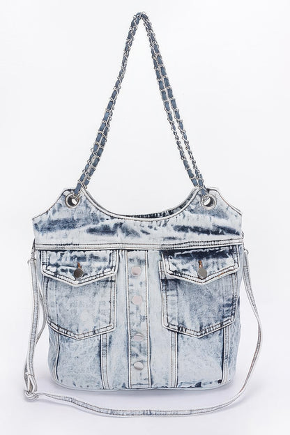 Washed Denim Double Pockets Tote Bag - All Season Fashion