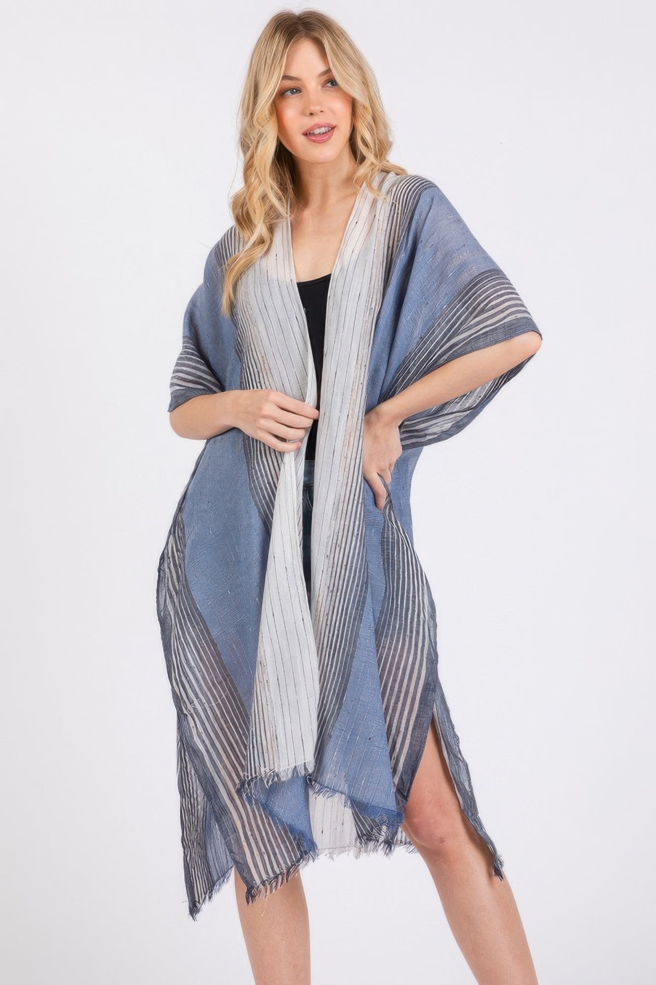 Striped Two Tone Cover Up Kimono - All Season Fashion