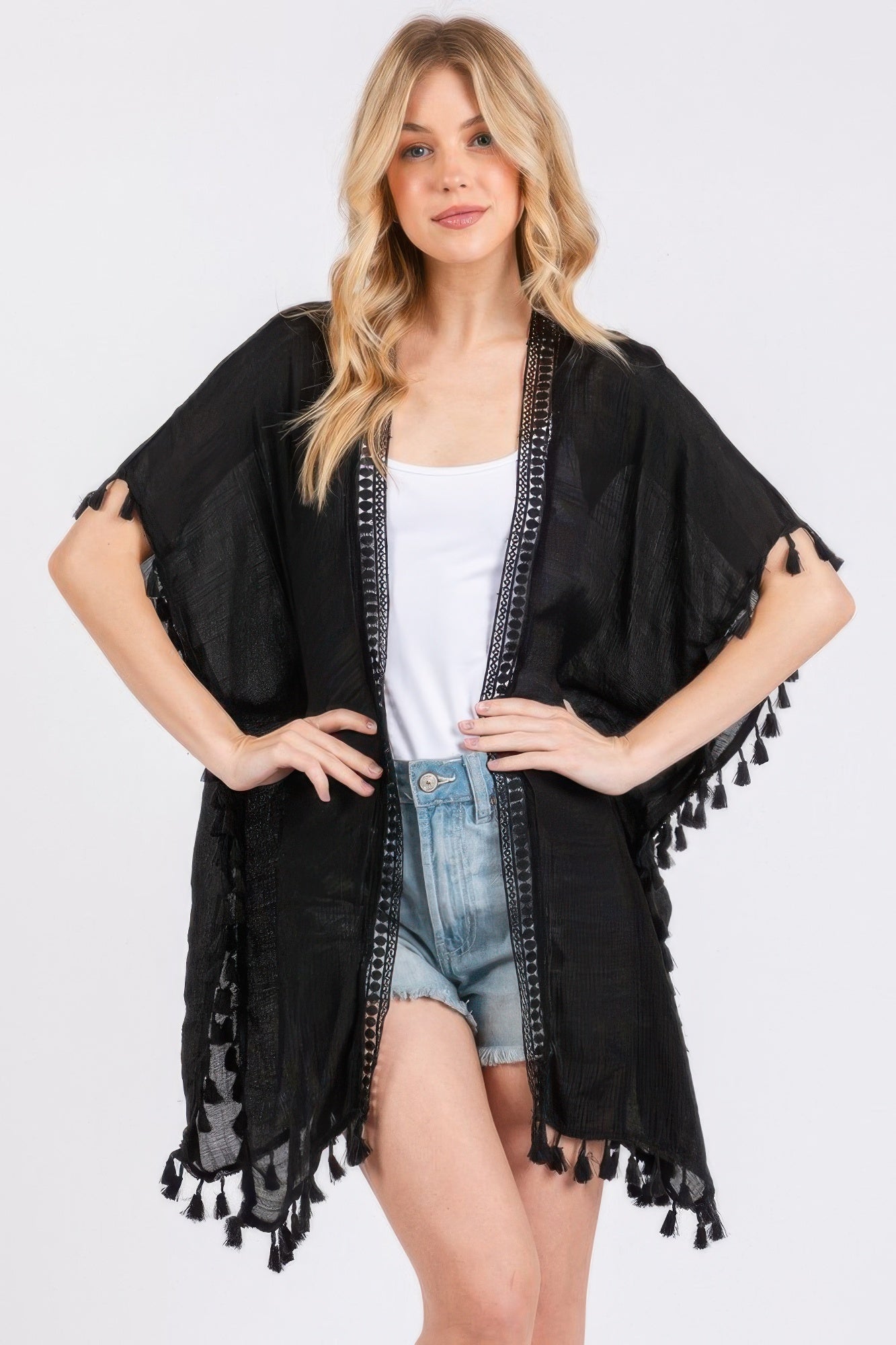 Crochet And Tassel Trim Cover Up - All Season Fashion