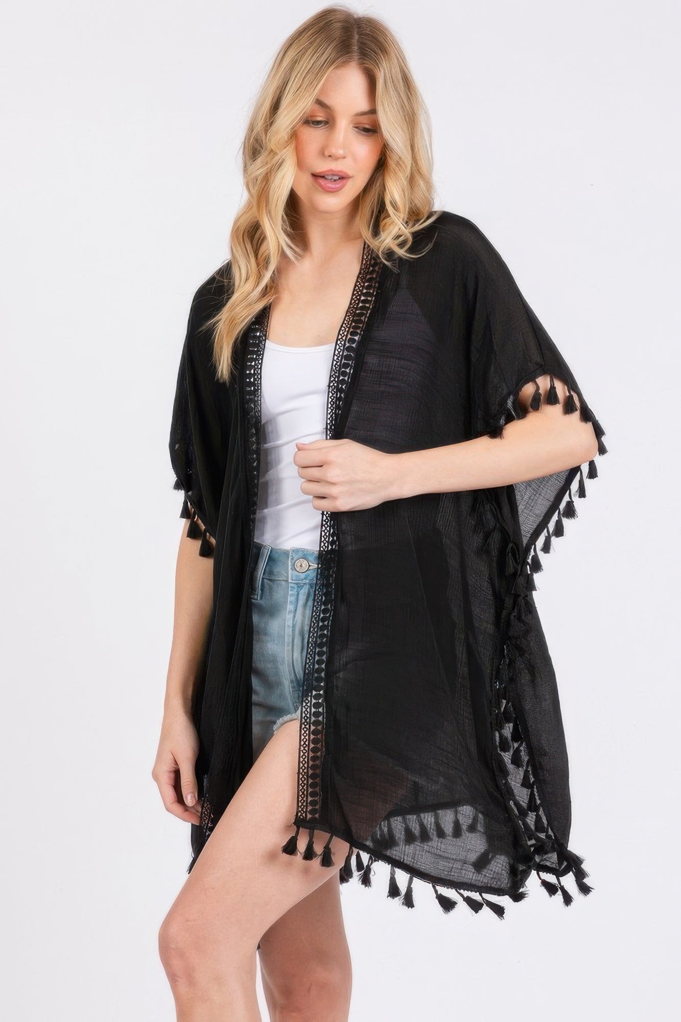 Crochet And Tassel Trim Cover Up - All Season Fashion