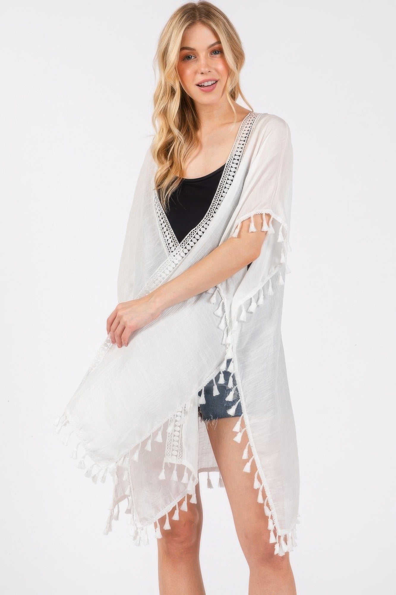 Crochet And Tassel Trim Cover Up - All Season Fashion
