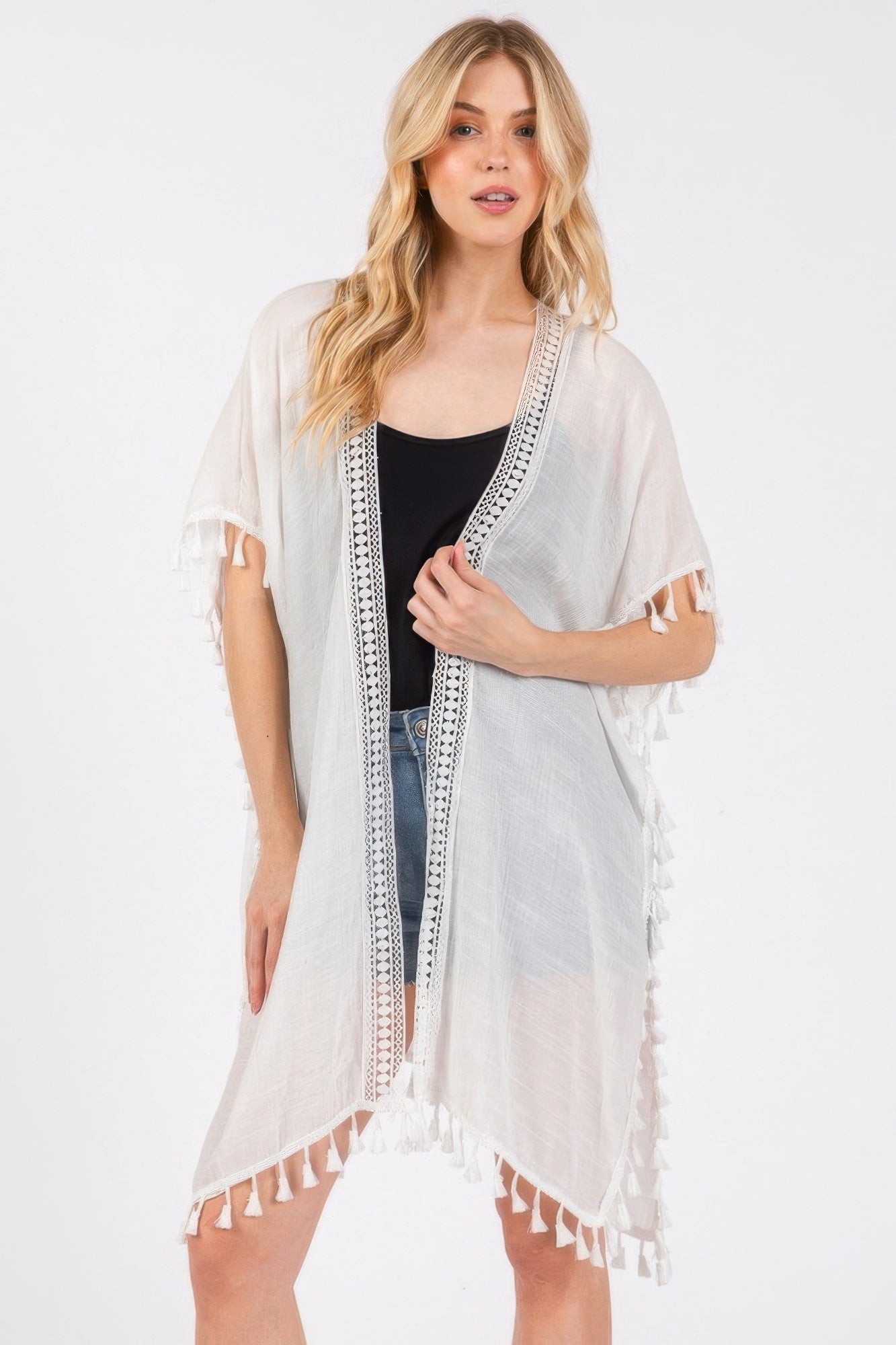 Crochet And Tassel Trim Cover Up - All Season Fashion