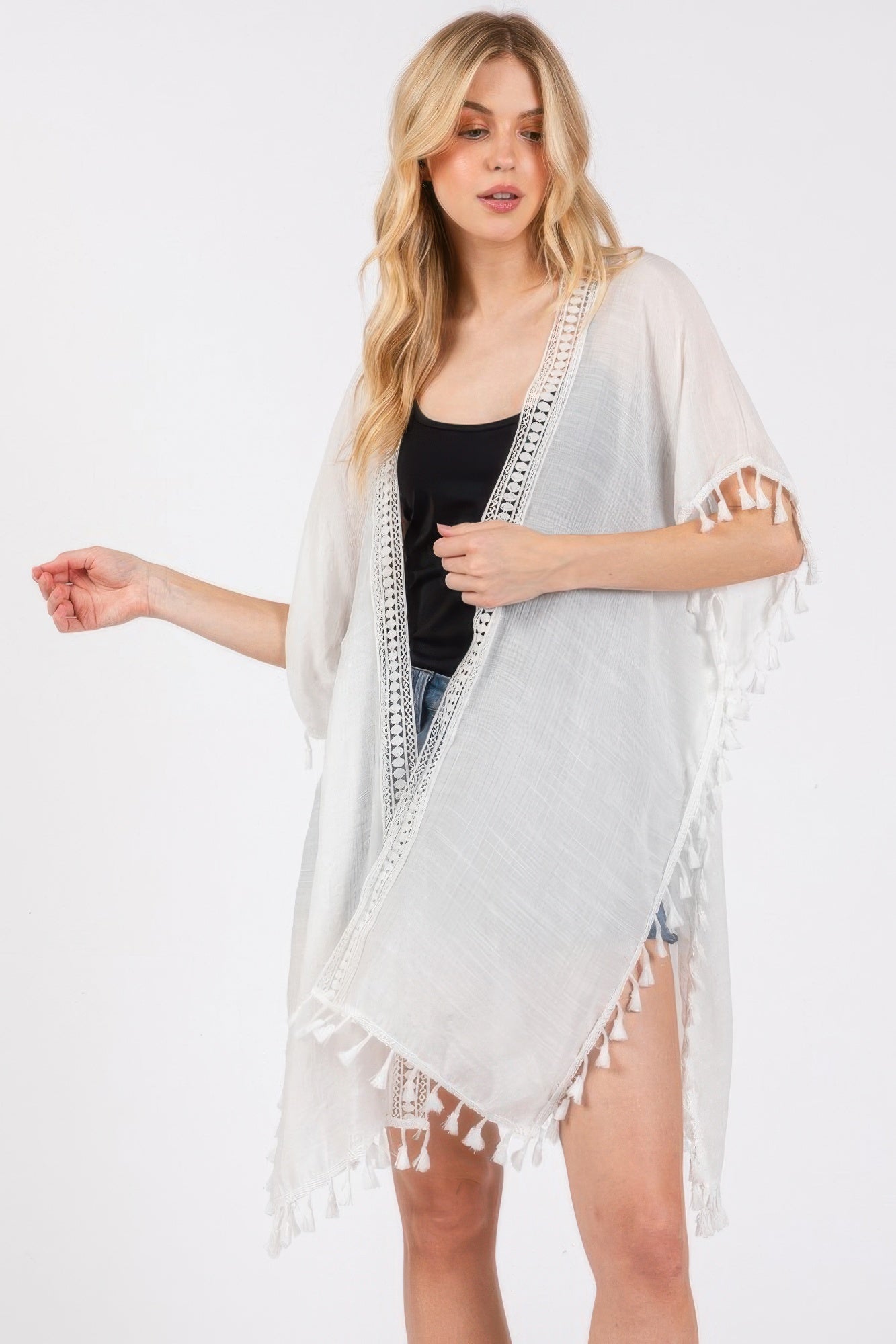Crochet And Tassel Trim Cover Up - All Season Fashion