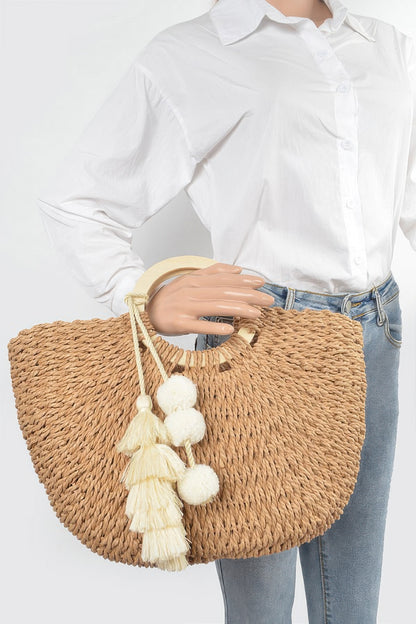 Woven Cotton Wood Handle Tote Bag - All Season Fashion