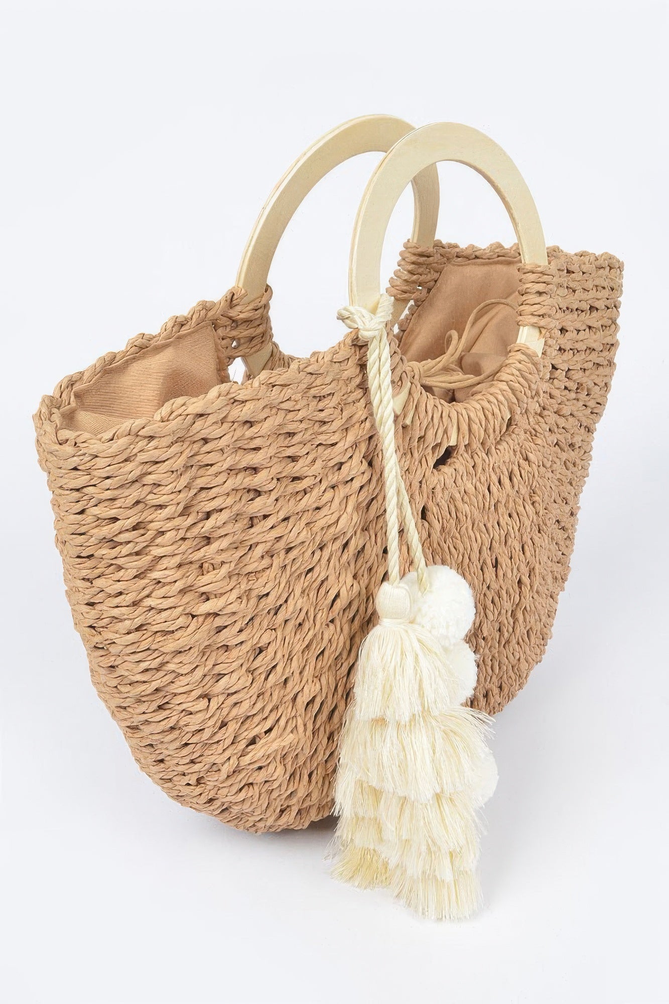 Woven Cotton Wood Handle Tote Bag - All Season Fashion