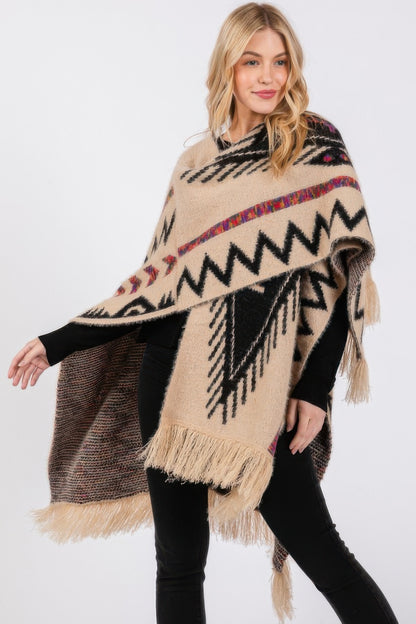 Fuzzy Aztec Pattern Tassel Knit Ruana - All Season Fashion