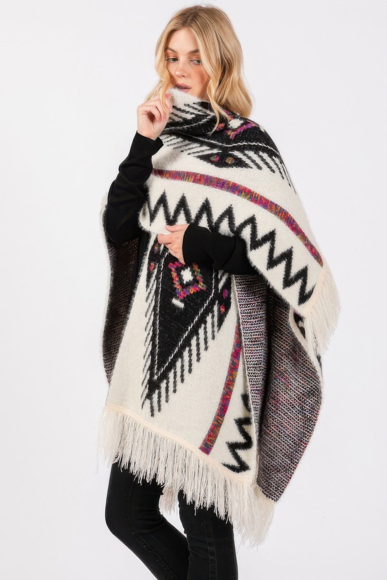Fuzzy Aztec Pattern Tassel Knit Ruana - All Season Fashion
