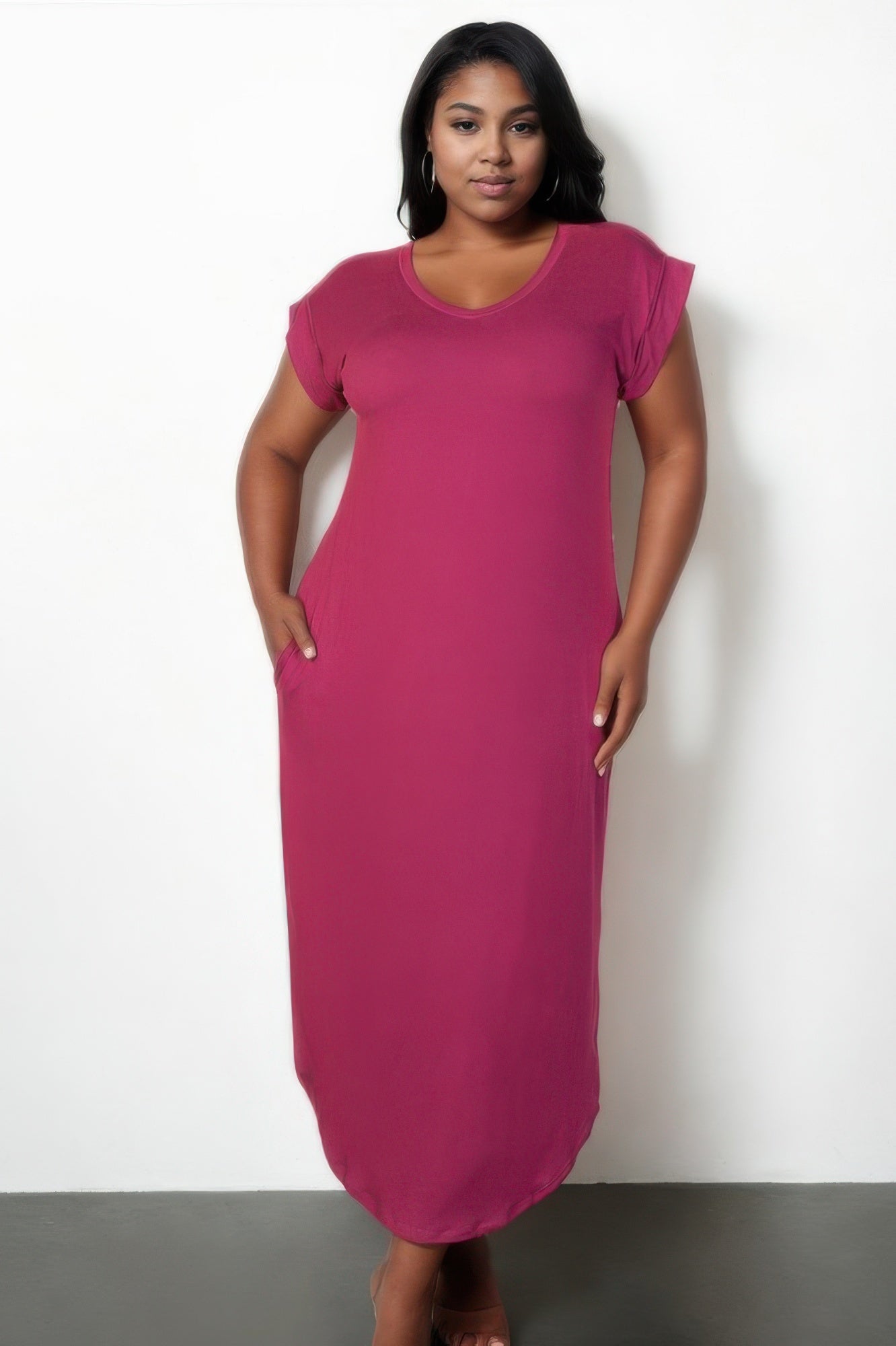 Plus Size Hidden Pocket Batwing Sleeve V Neck Long Dress - All Season Fashion