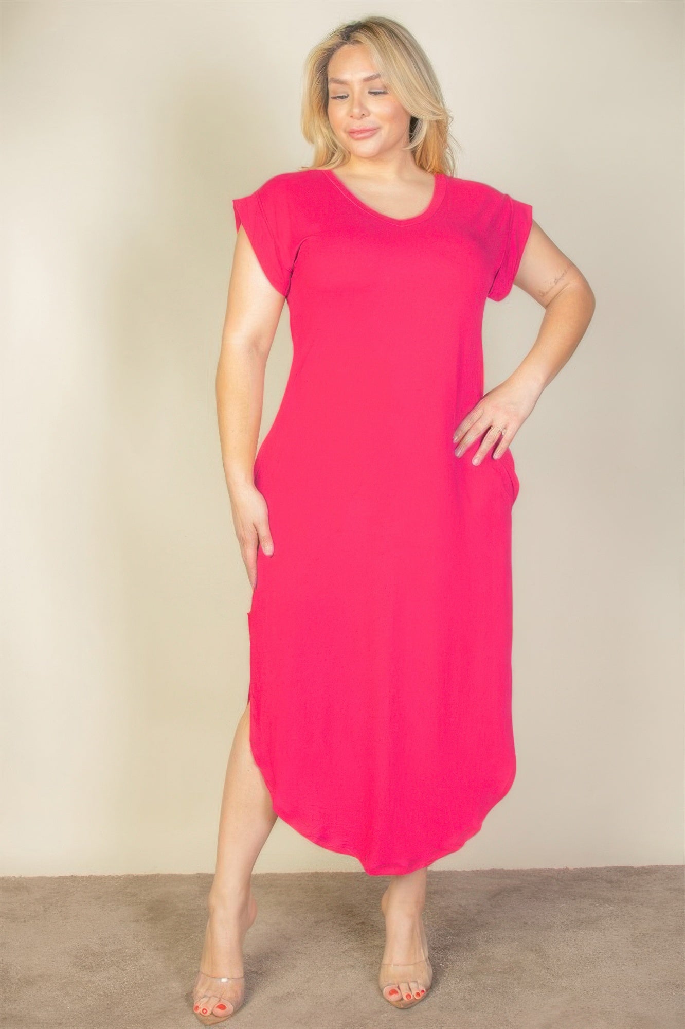 Plus Size Hidden Pocket Batwing Sleeve V Neck Long Dress - All Season Fashion