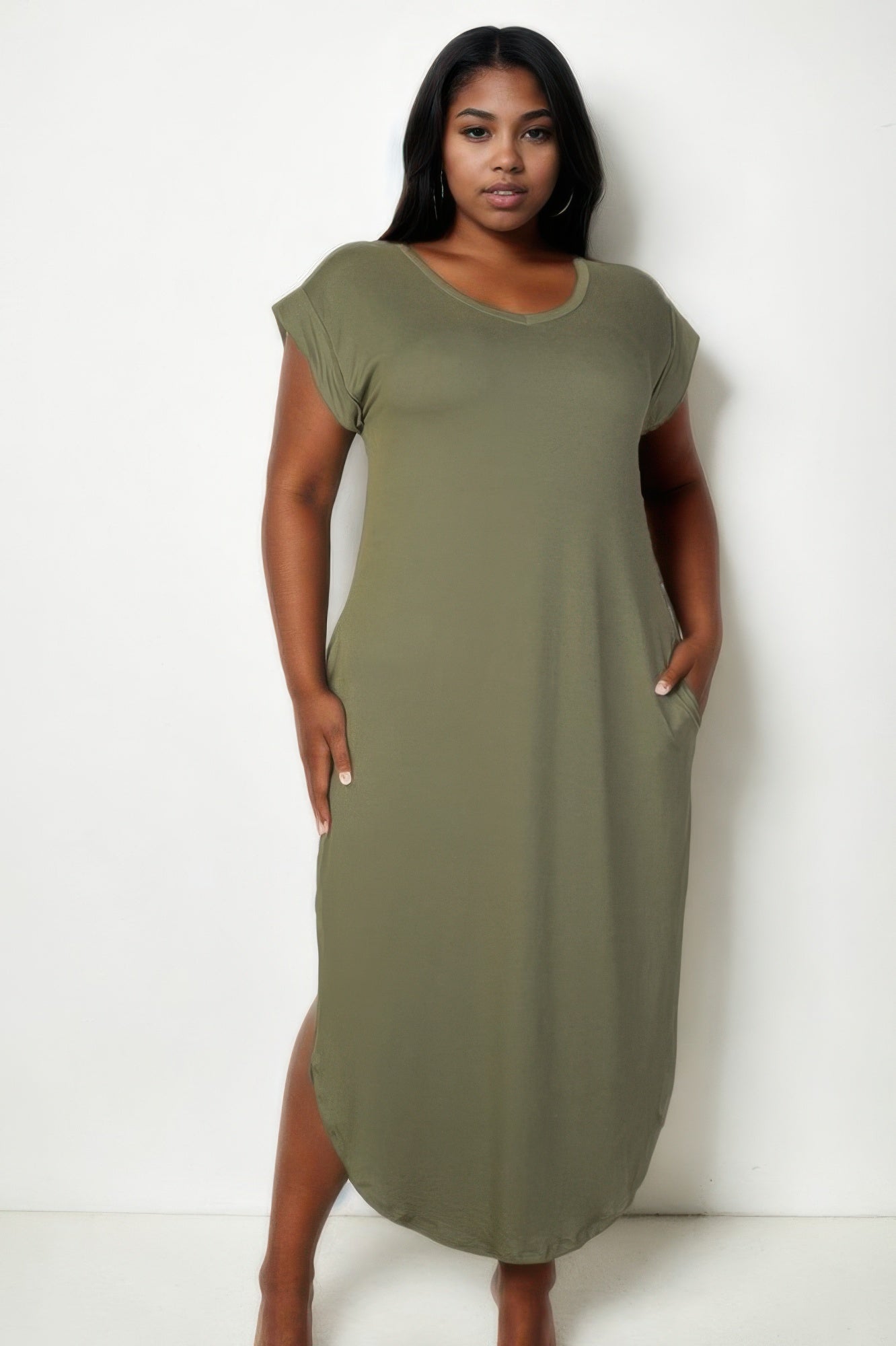 Plus Size Hidden Pocket Batwing Sleeve V Neck Long Dress - All Season Fashion