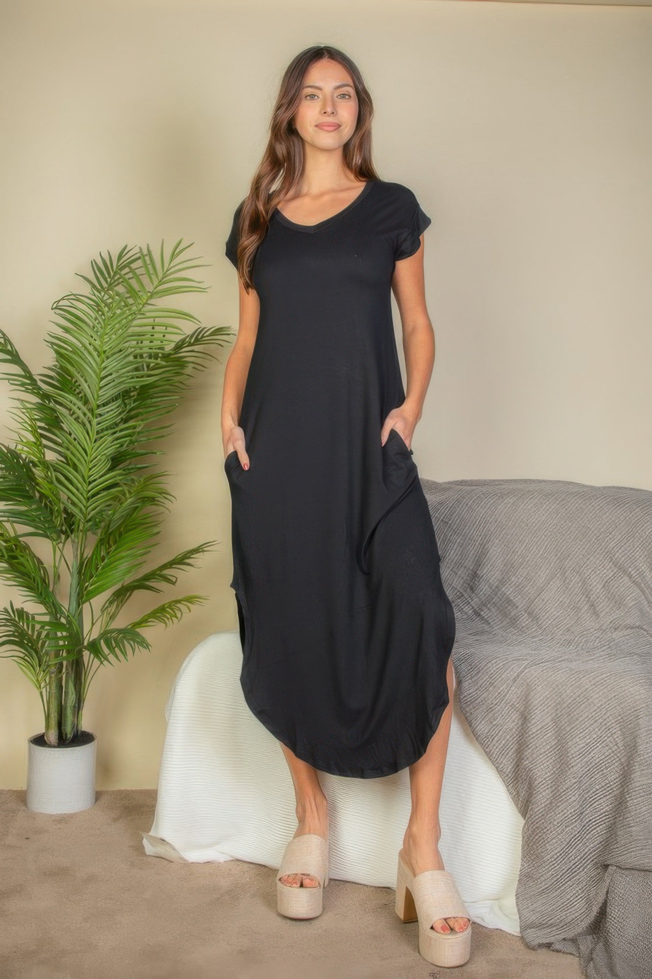 Hidden Pocket Batwing Sleeve V Neck Long Dress - All Season Fashion