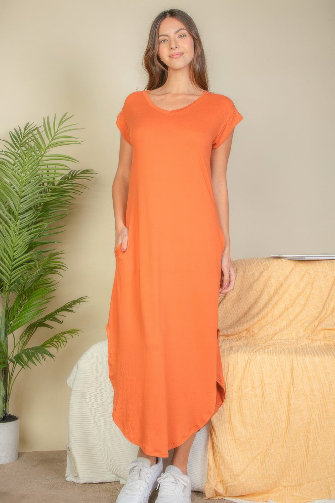 Hidden Pocket Batwing Sleeve V Neck Long Dress - All Season Fashion