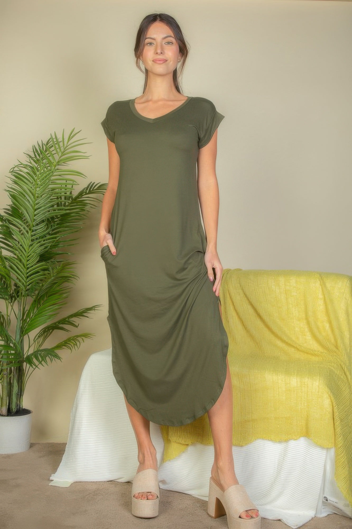 Hidden Pocket Batwing Sleeve V Neck Long Dress - All Season Fashion