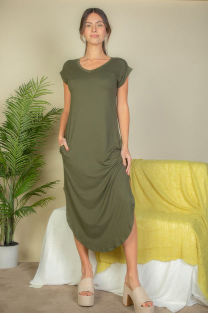 Hidden Pocket Batwing Sleeve V Neck Long Dress - All Season Fashion