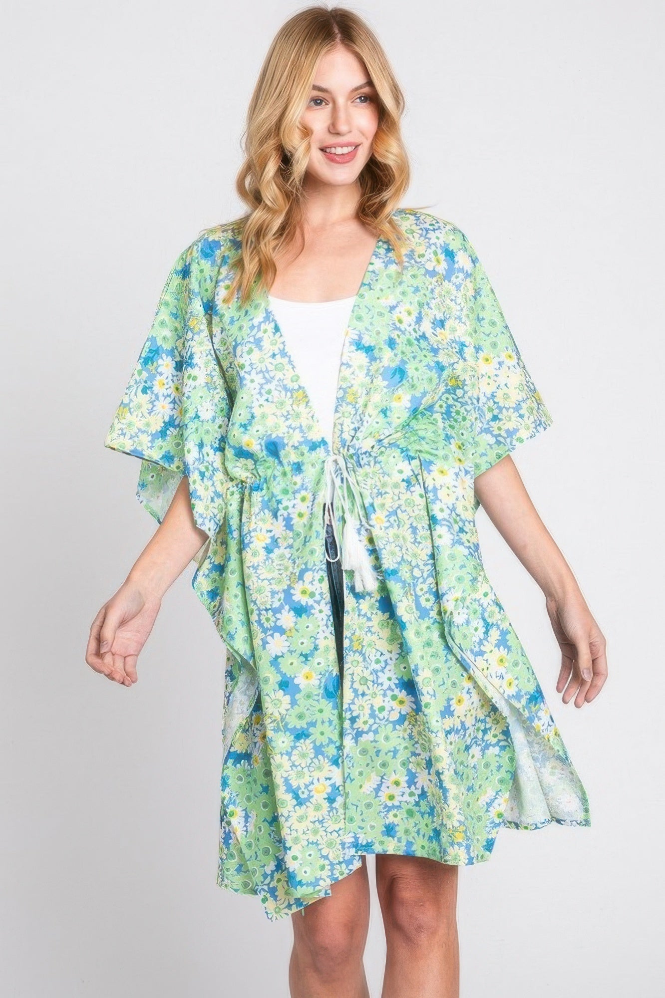 Flower Print Self-tie Drawstring Open Front Cover - All Season Fashion