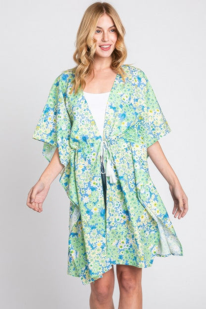 Flower Print Self-tie Drawstring Open Front Cover - All Season Fashion