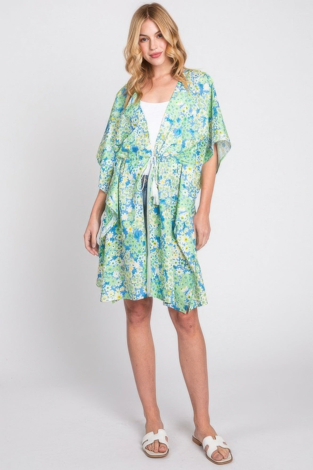 Flower Print Self-tie Drawstring Open Front Cover - All Season Fashion