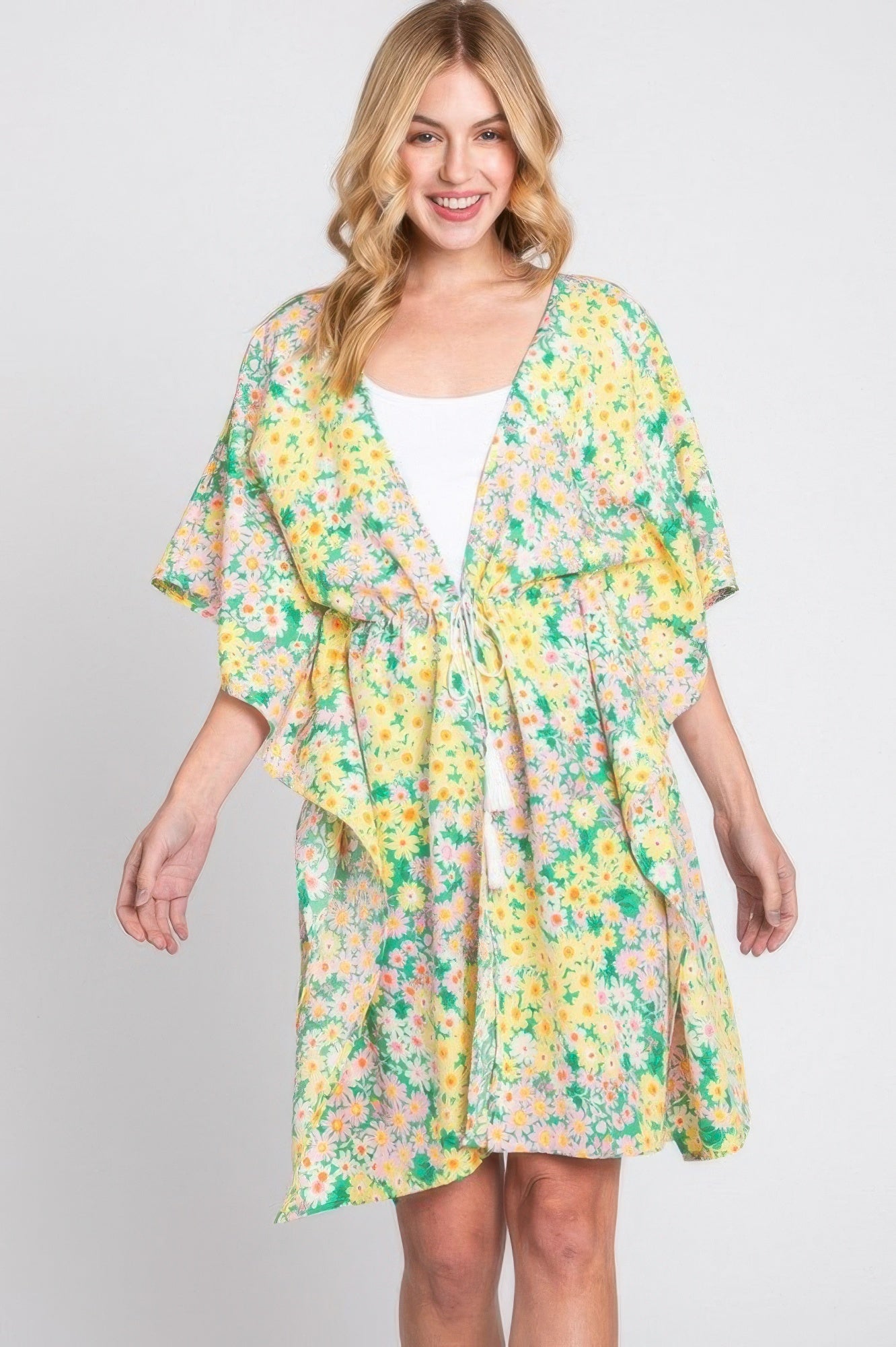 Flower Print Self-tie Drawstring Open Front Cover - All Season Fashion