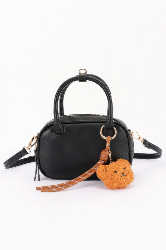 Vegan Leather Mini Bowling Bag With Bear Charm - All Season Fashion
