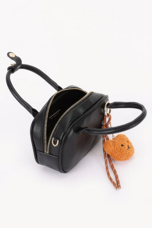 Vegan Leather Mini Bowling Bag With Bear Charm - All Season Fashion