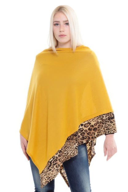 All Year Round Leopard Trim Solid Poncho - All Season Fashion