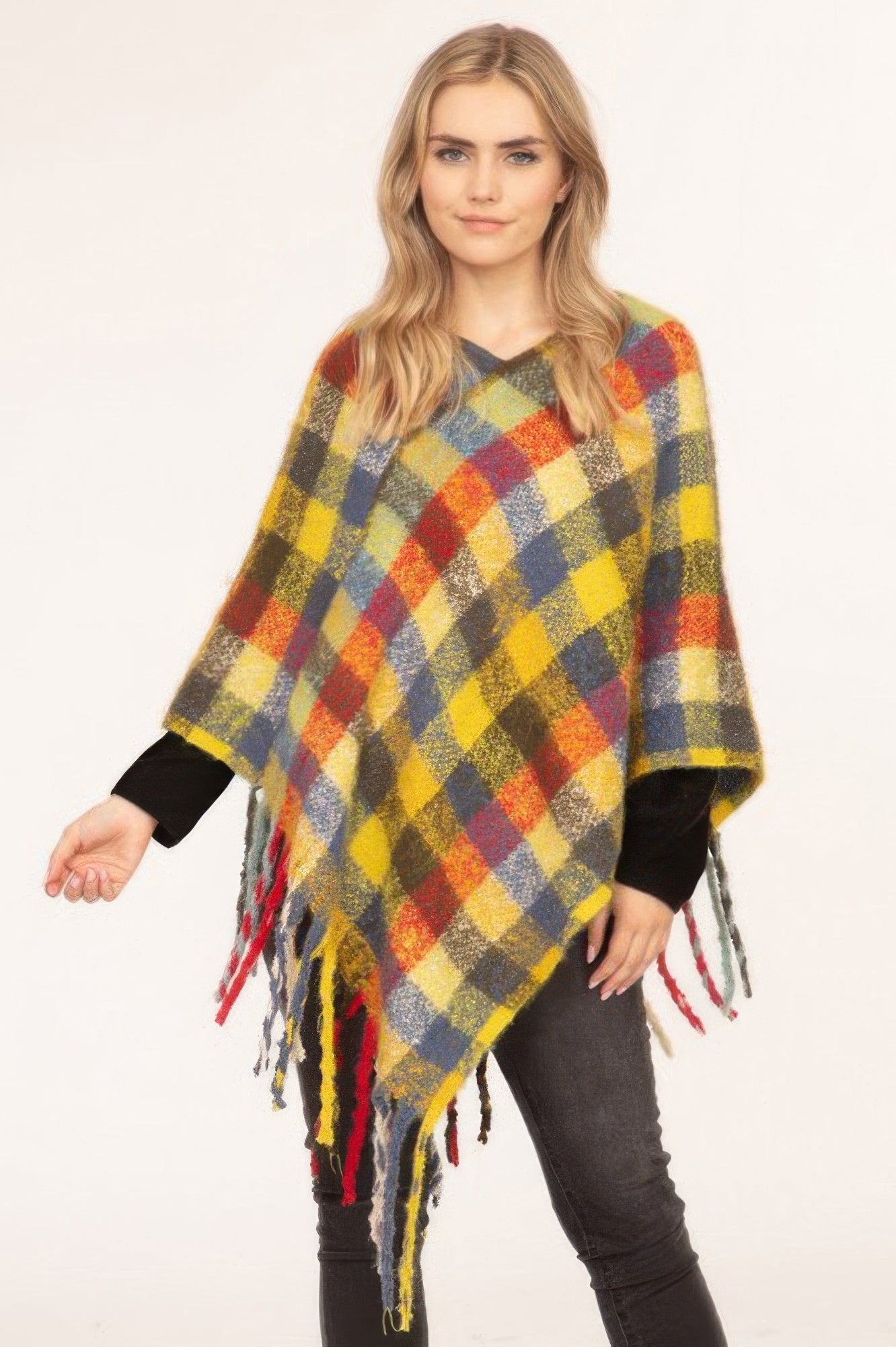 Color Block Plaid Poncho - All Season Fashion