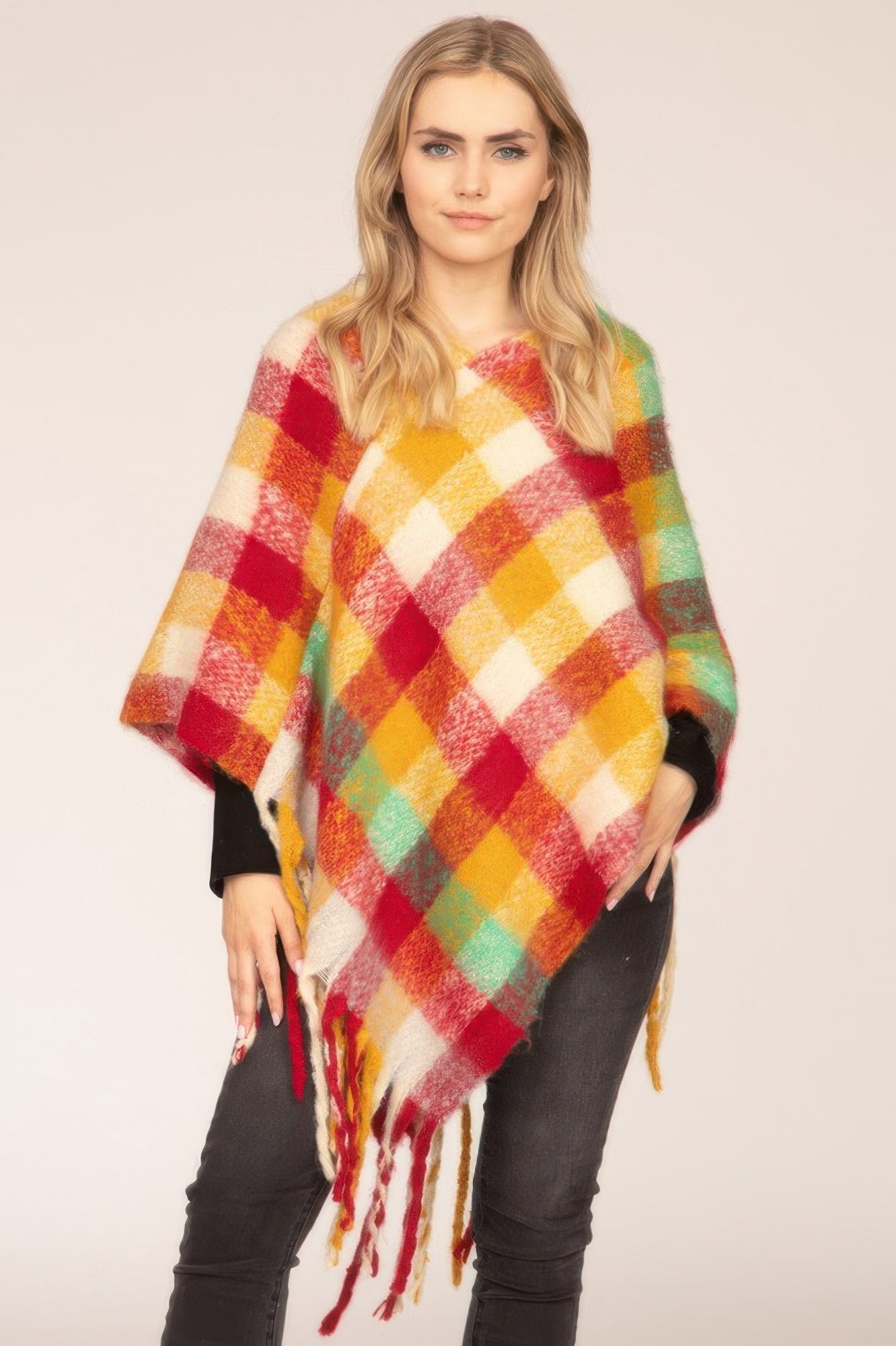 Color Block Plaid Poncho - All Season Fashion