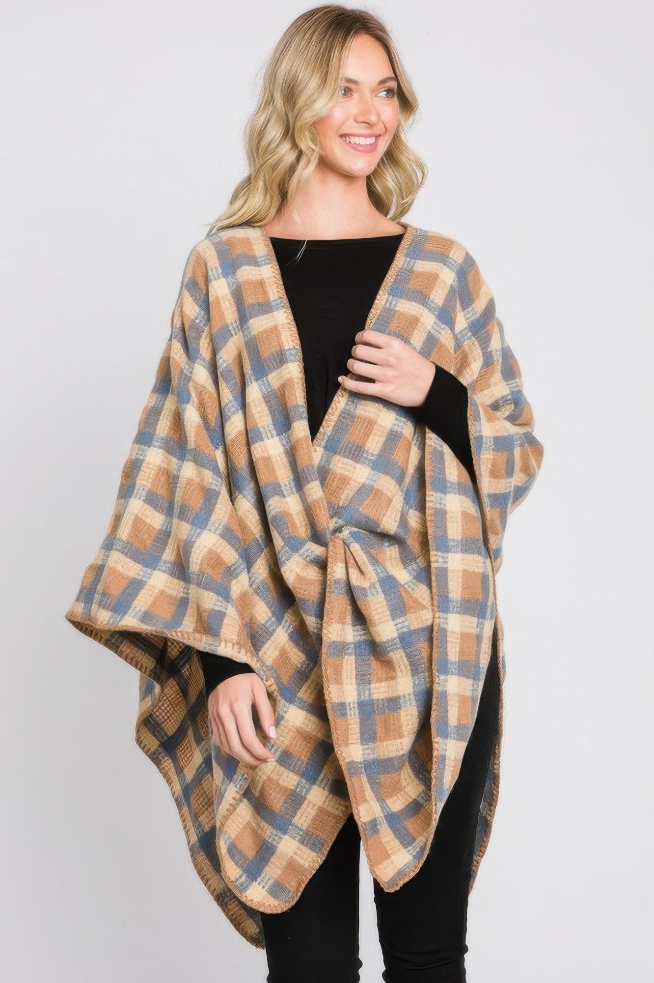 Plaid Pattern Ruana - All Season Fashion