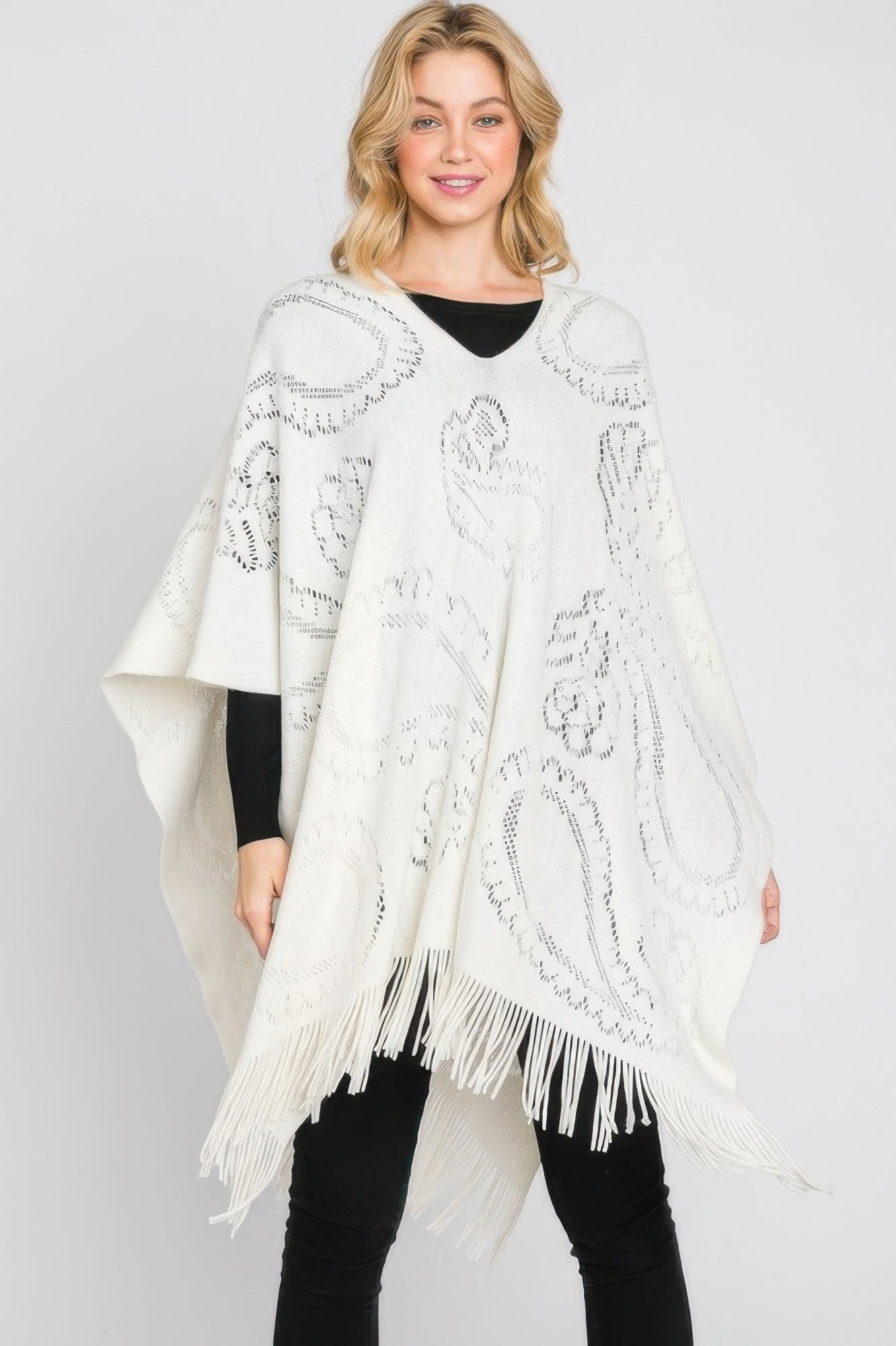 Paisley Pattern Fringe Poncho - All Season Fashion