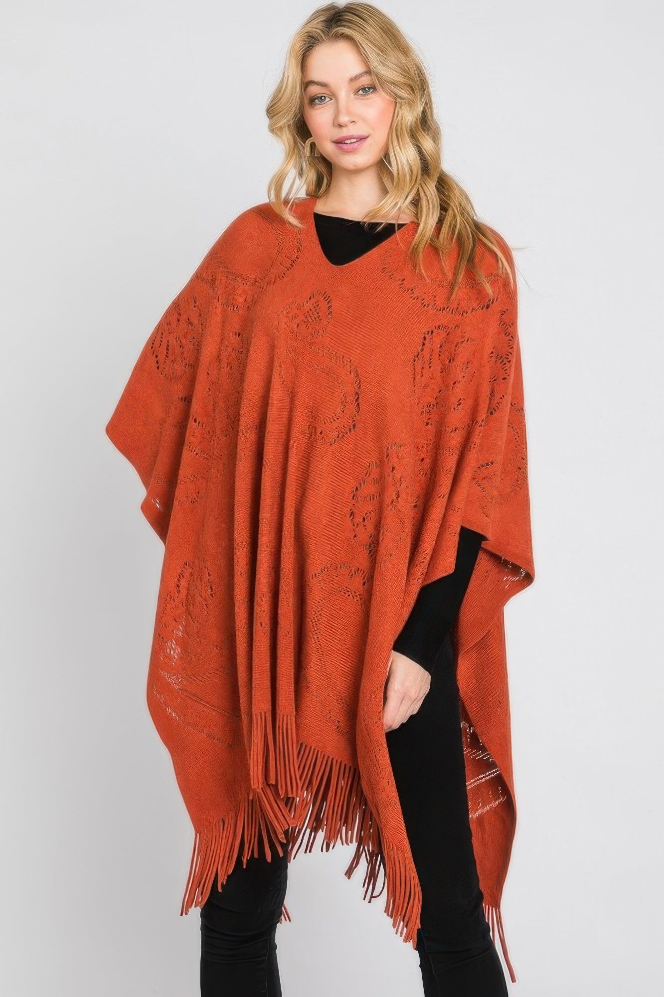 Paisley Pattern Fringe Poncho - All Season Fashion