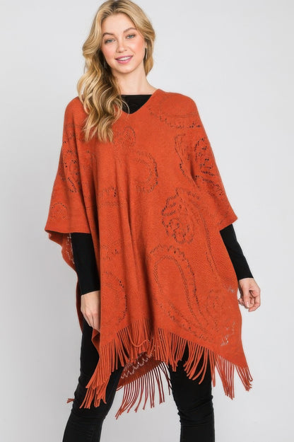 Paisley Pattern Fringe Poncho - All Season Fashion