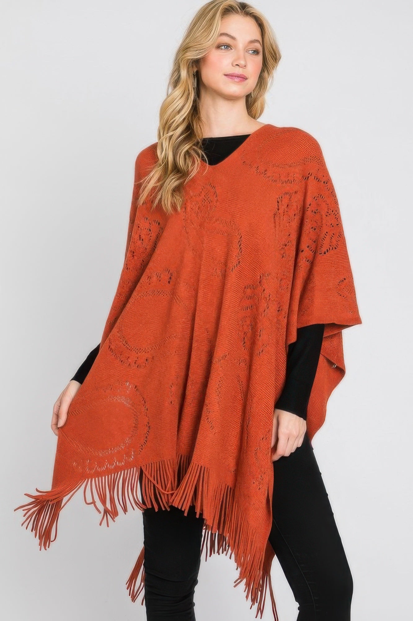 Paisley Pattern Fringe Poncho - All Season Fashion